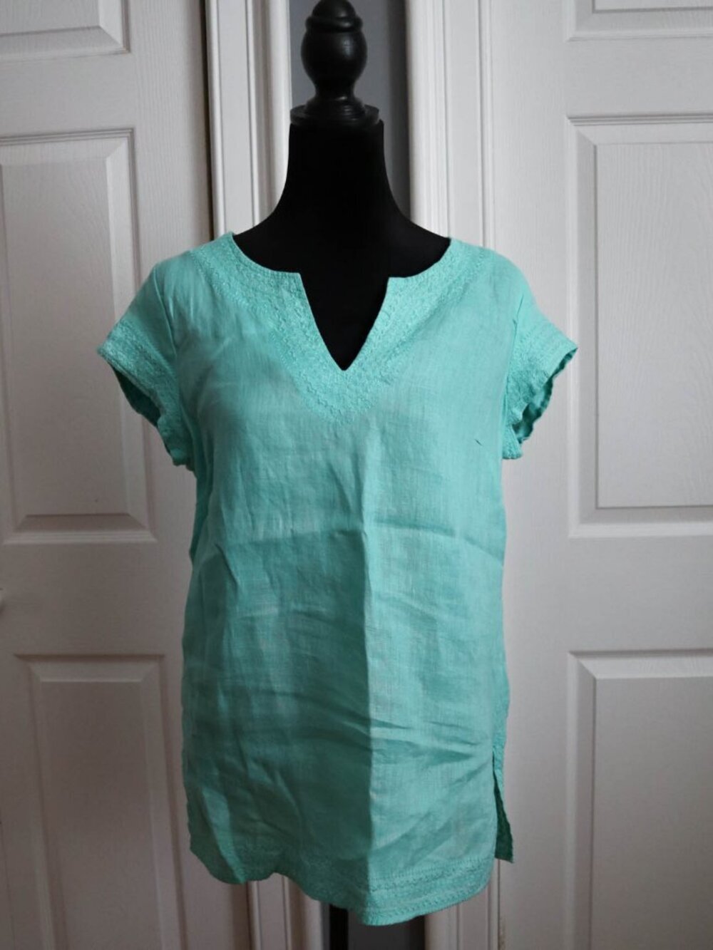 Saint Tropez West 100% Linen Embroidered Tunic Top Sz S Aqua Blue Coastal